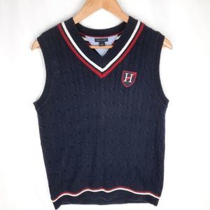 Tommy Hilfiger sweater vest cable knit navy H crest emblem V-neck Youth L 16/18